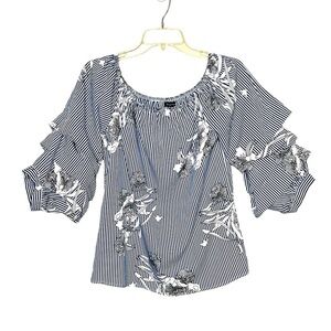 Style House Ruffle Striped Floral Puff Sleeve Blouse